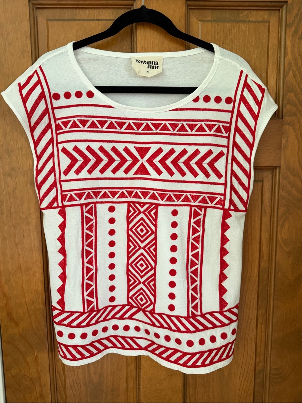 Savanna Jane White M Top with Red Geometric Embroidered Print